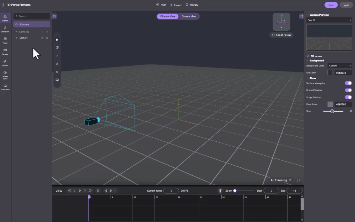 Initial Previs scene with floor grid, Cam 01, Director View and Camera Preview