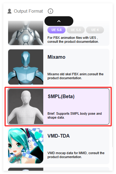Select SMPL(Beta) in the Output Format list