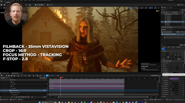 Unreal Engine 5 cinematic scene with medieval character in a village environment using FILMBACK 35mm VistaVision camera settings