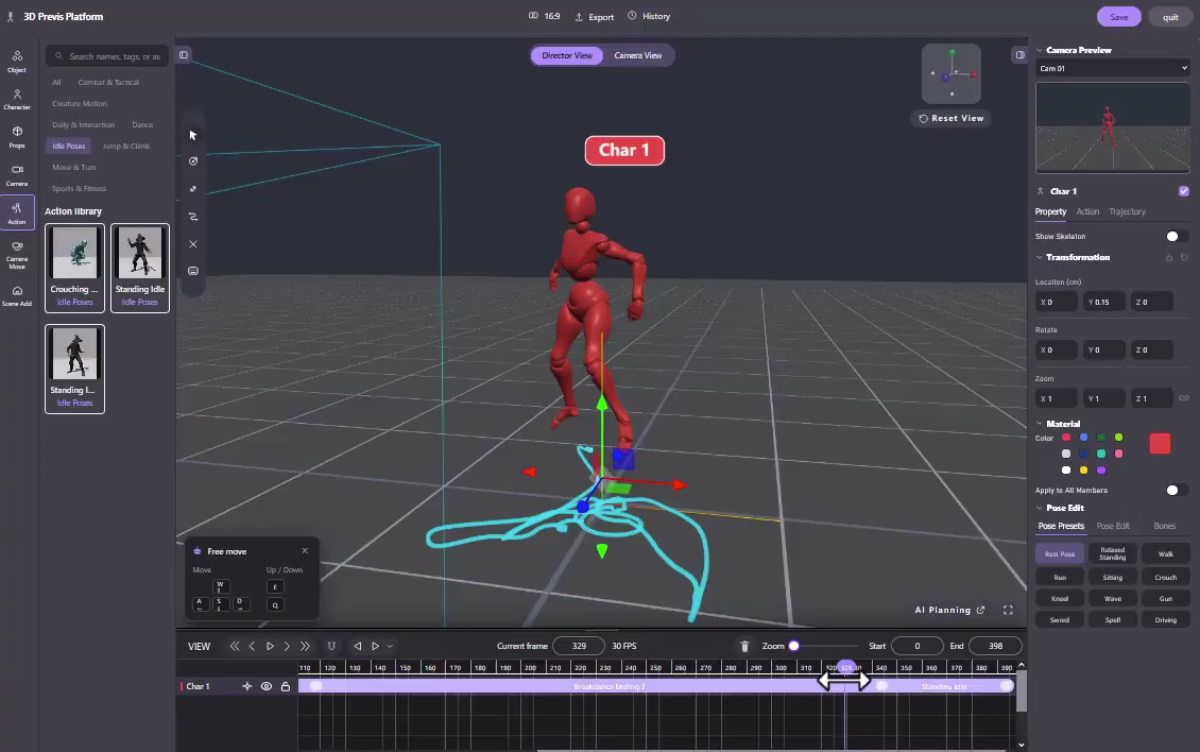 Timeline showing a transition from a dance-related clip to Standing Idle