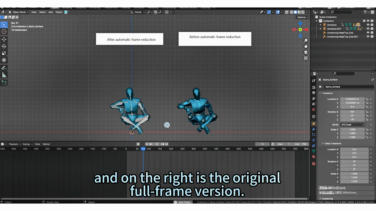 Blender side-by-side comparison of reduced vs full-frame animation