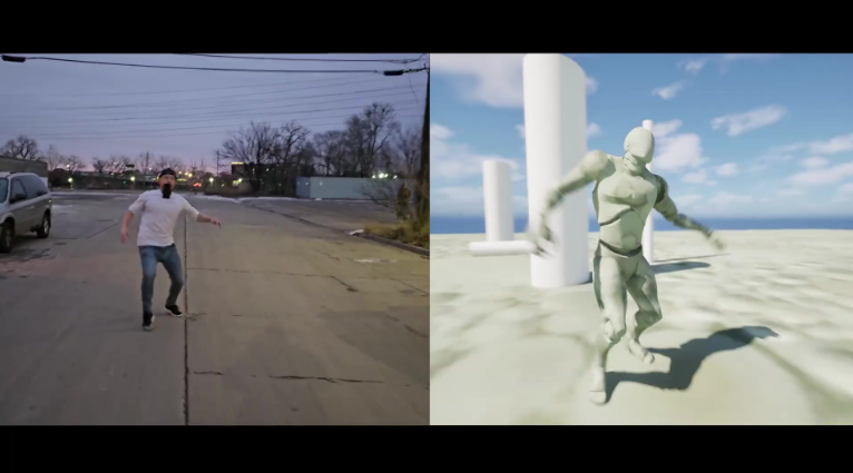 QuickMagic AI motion capture side-by-side comparison showing real person and 3D animated character in Unreal Engine 5 environment
