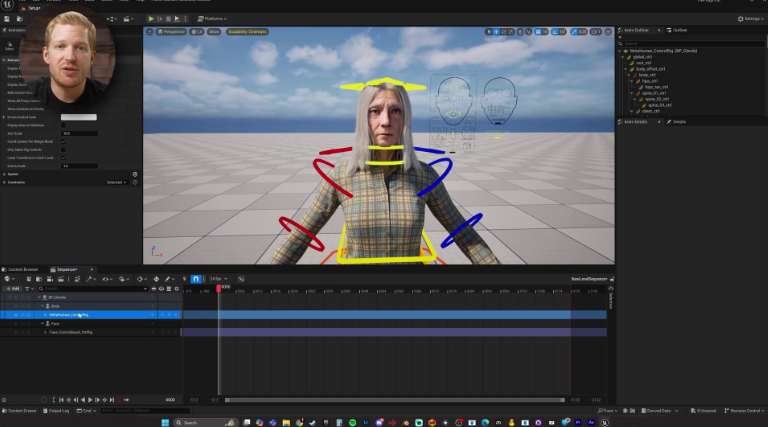 Unreal Engine 5 MetaHuman Control Rig with bone structure visible for animation retargeting in Sequencer
