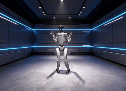 QuickMagic AI Robot Format feature showing human dancer motion captured and retargeted to a Unitree humanoid robot with matching pose