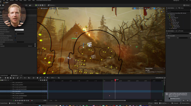 Unreal Engine 5 Control Rig face animation controls with full cinematic medieval village scene in the viewport