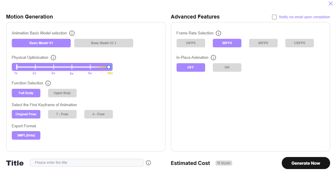 Motion Generation page with SMPL(Beta) selected as the Export Format