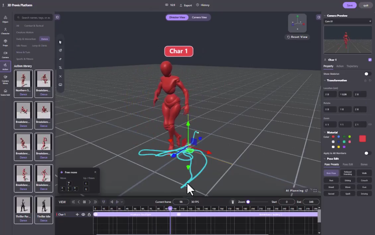 Action library, animated Char 1, purple motion clips and a visible ground path