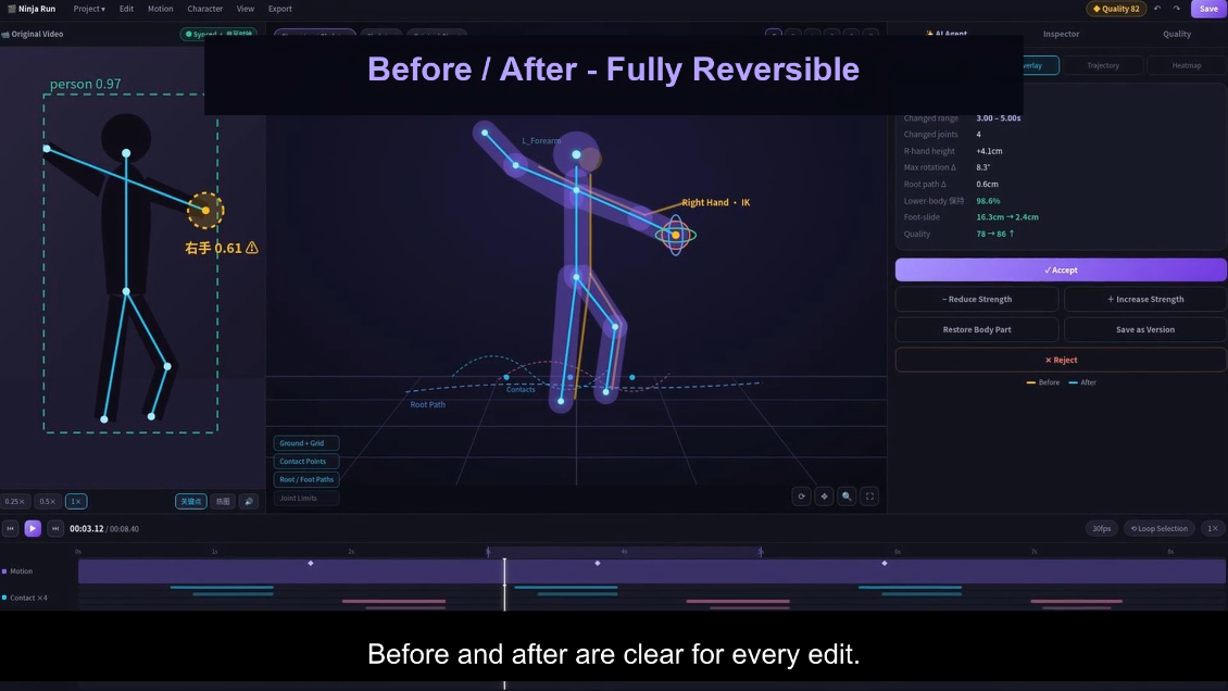 Creator video at 02:02 showing a whole-clip walking replacement request in the chat panel